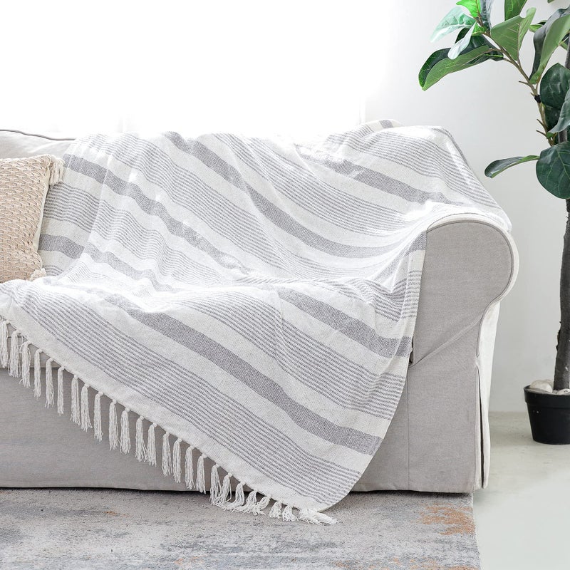 Snugtown Decorative Grey Ivory Striped Throw with Fringe, Soft Chenille Knitted Farmhouse Lightweight Blanket with Tassels for Couch Sofa Chair Bed Office Home DÃ©cor, Gray and Off White,50" x 60" - Image 1